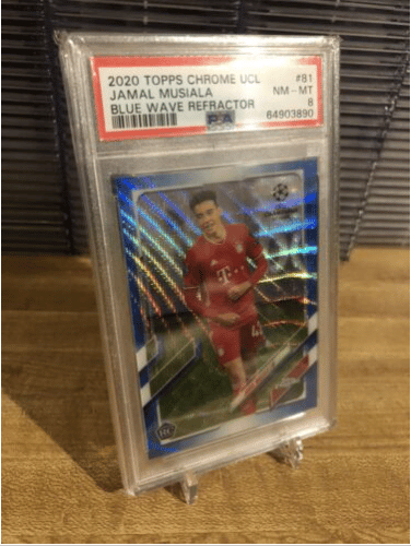 2020 Topps Chrome UCL Soccer Blue Wave Refractor #81 Jamal Musiala RC -75 PSA 8