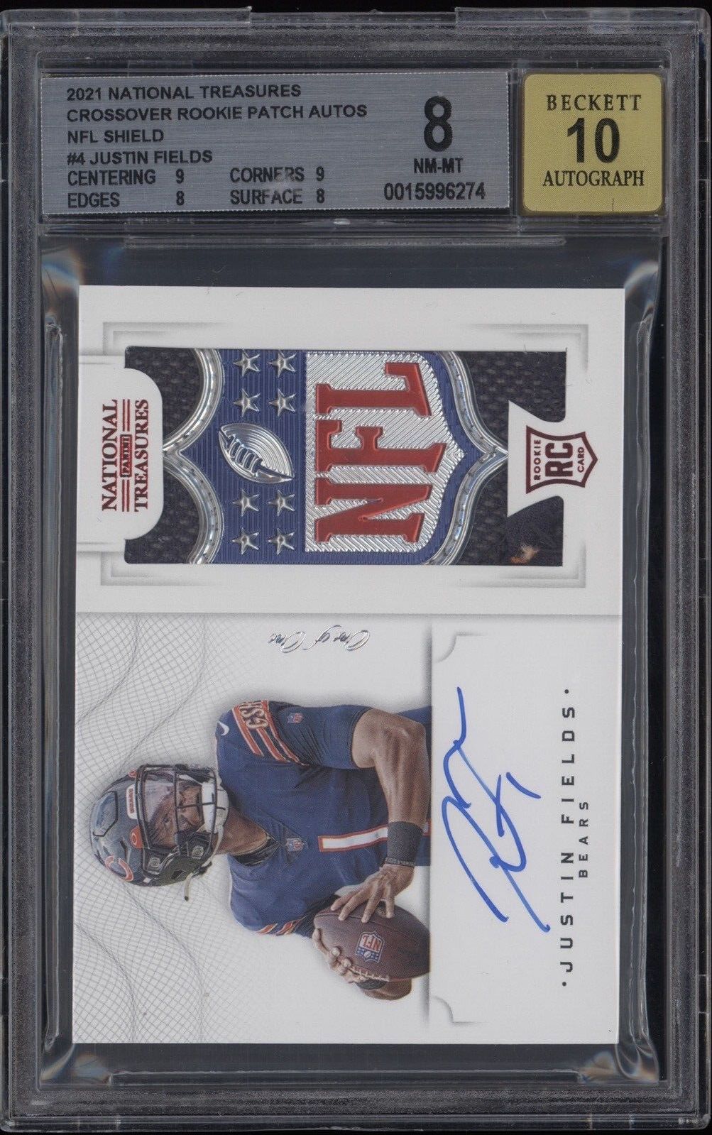 JUSTIN FIELDS 2021 NATIONAL TREASURES CROSSOVER ROOKIE PATCH AUTO SHIELD 1:1 BGS